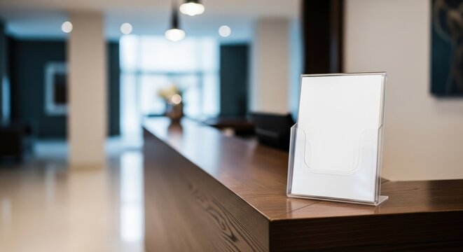 Blank pamphlet holder on wooden reception desk in modern office lobby