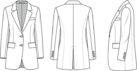 Formal blazer front, back and side view, fashion cad sketch, flat vector template, technical drawing for apparel, design illustration