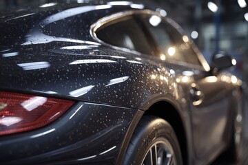 Captured in a contemporary workshop, this sleek black car glistens with water droplets, showcasing its shiny exterior against bright workshop lights