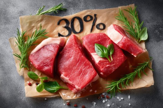 Fresh cuts of meat garnished with herbs, showcasing a discount in a butcher's display
