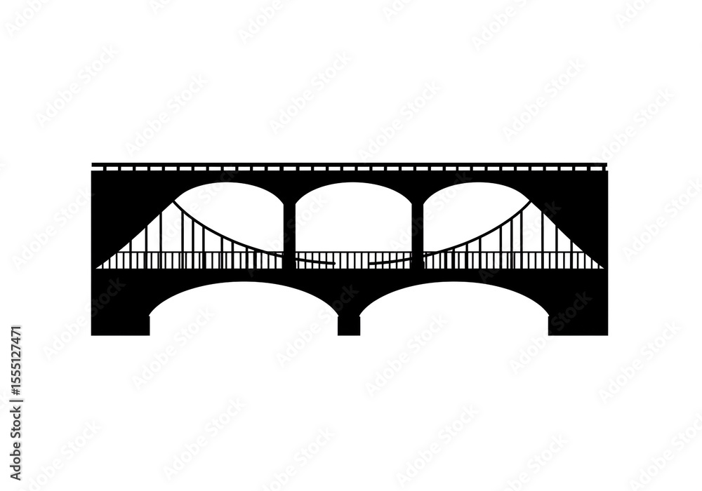 Poster a black and white silhouette of an arched bridge with railings and support structures visible clearl