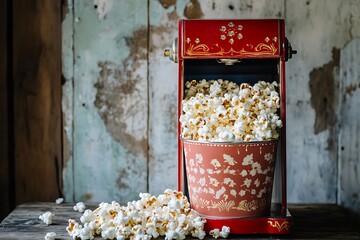 A vintage-style popcorn machine with freshly popped popcorn spilling into a decorative bucket 