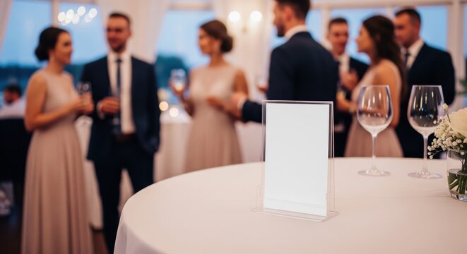 Blank table sign with guests socializing at elegant wedding reception