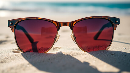 A close-up shot of tortoiseshell sunglasses with gradient dark red lenses resting on a soft, light sandy beach. The glasses are centered in the frame, casting their distinctive shadows on the sand. 