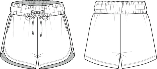 Sporty running shorts technical flat sketch, vector cad drawing with drawstring waist, curved hem, elastic band, fashion apparel design