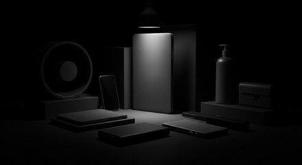 Minimalist dark tech and office objects with focused lighting