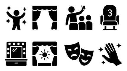 Theater, performance silhouette icon set. drama, stage entertainment icons collection