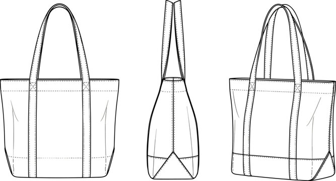 Tote bag front, side and perspective view, cad fashion sketch, technical flat design, vector illustration, handbag pattern drawing