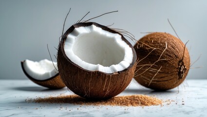 Fresh coconut on a surface, with one split open revealing the white flesh and others whole, surrounded by coconut shell fragments and powder.