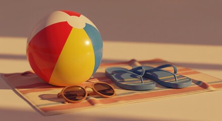 Colorful beach ball with sunglasses and flip flops on striped towel