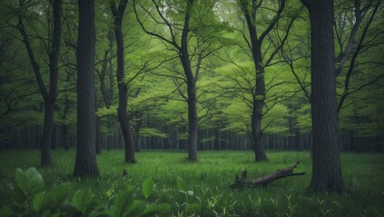 Lush green forest with tall trees and a fallen branch, vibrant foliage, tranquil natural setting.