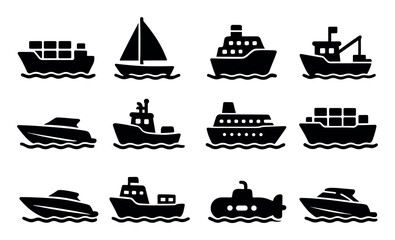Marine transportation silhouette icon set. ships, boats, vessels in black silhouettes