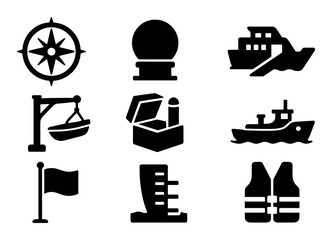 Nautical adventures solid icon set. compass, ship, sailing symbols collection