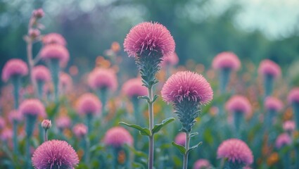Pink globe thistle flowers in a garden with blurred background. Natural beauty and floral landscape. Botanical and gardening scenery. The concept of nature and plant life.