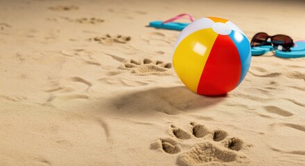Colorful beach ball with sunglasses and flip-flops on sandy shore