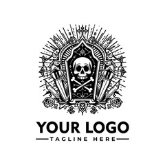 A stylized logo featuring a skull and crossbones within an ornate, decorative coffin-like structure, surrounded by mystical elements.