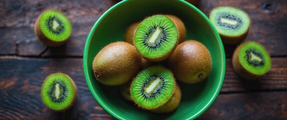 Fresh kiwi fruits in a green bowl on a wooden surface. Juicy, ripe, and vibrant. Healthy snack or fruit for breakfast. Natural and colorful.