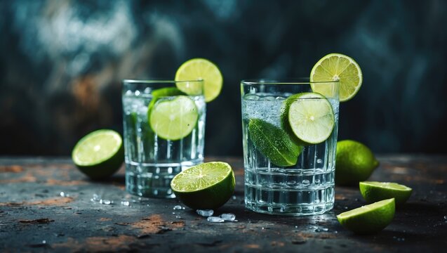Two glasses of lime water with mint, surrounded by lime slices and whole limes. Refreshing beverage and citrus fruit concept. Healthy drinks and ingredients. The theme of freshness and flavor.