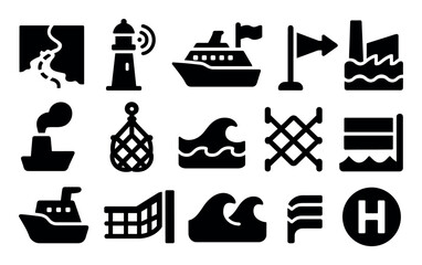 Navigation, nautical solid icon set. marine, ocean, sea journey icons collection