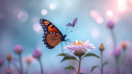 Butterfly perched on a flower with bokeh lights and a butterfly flying in the background. Close-up of nature, insects, and flowers. The scene captures tranquility in a garden setting.