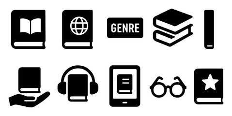 Reading, books solid icon set. literature, library, ebook, education, audio collection