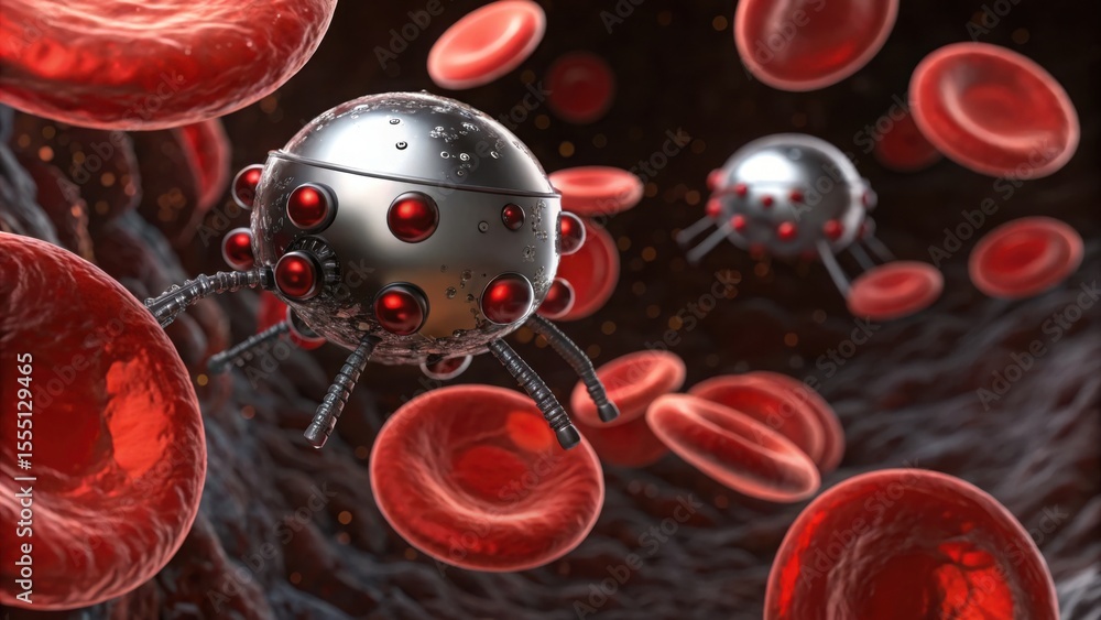 Poster nanobots interacting with blood cells in a futuristic matrix environment