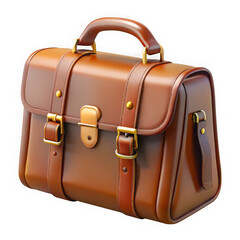 Classic brown leather satchel briefcase with brass hardware isolated on transparent background