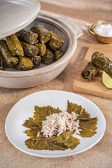 Mediterranean stuffed vine leaves with rice called Dolmas.
Greek rolled vine leaves also called...