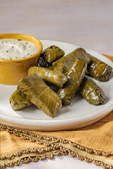Mediterranean stuffed vine leaves with rice called Dolmas.
Greek rolled vine leaves also called Dolmadakia in Greece.