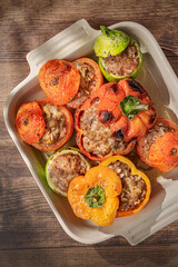 Stuffed bell peppers are a traditional recipe of mediterranean cuisine.
Delicious oven roasted stuffed peppers filled with rice and ground meat.
