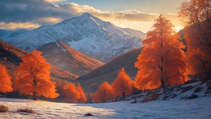 Autumn landscape with snow-capped mountains, vibrant orange trees, and a sunset sky. Natural scenery and seasonal change.
