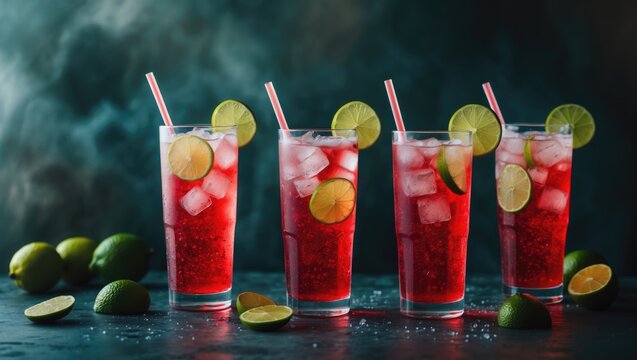 Four tall glasses of pink lemonade with lime slices and straws, surrounded by whole and halved limes on a dark surface. Refreshing citrus drink concept. - Powered by Adobe