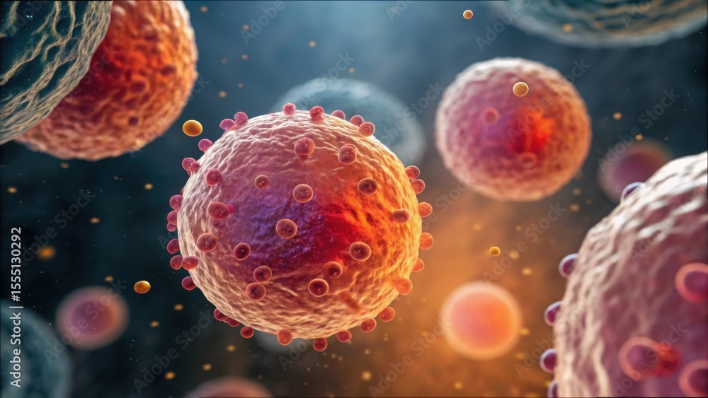 Poster vibrant microscopic view of activated cells and viruses in detail