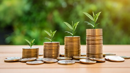 A visual representation of financial growth and investment success with small green plants sprouting from stacks of gold coins against a blurred green natural background