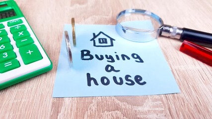 Buying a House text,writing a note on a piece of paper with a calculator drawing of a house,renting a house,real estate,buying,real estate services,affordable housing.