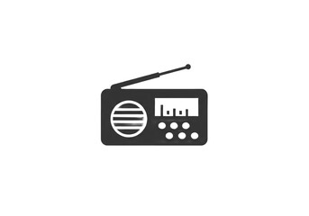 A simple black and white illustration of a radio with an antenna and speaker design element