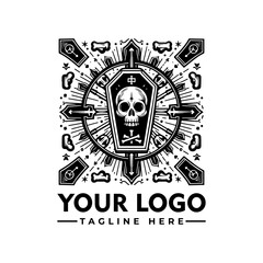 A stylized logo featuring a skull in a coffin, surrounded by intricate design elements and radiating lines.