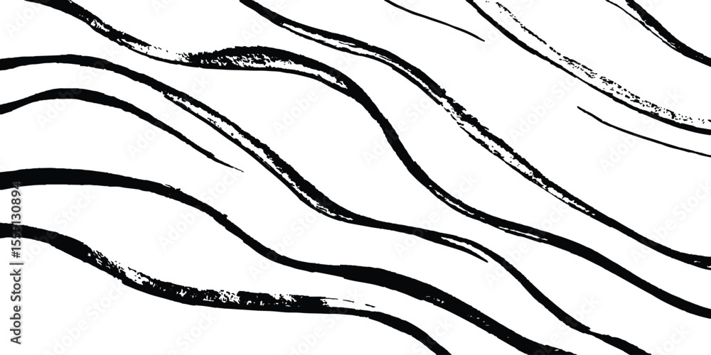 Poster Black flowing wave lines on white and transparent background. Wave line art pattern white backgrounds drawing. Black and white waves. Modern vector background. Stylish texture with wavy stripes lines.