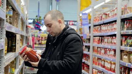 Male shopper selecting tomato sauce jar, examining product label, comparing brands while grocery...