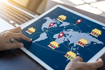 Global business expansion and franchise network on tablet device