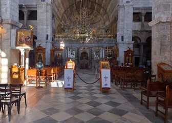 Interior view of the Panagia Ekatontapiliani (the church with 100 gates), a historic Byzantine church complex in Parikia town, on the island of Paros in Greece.