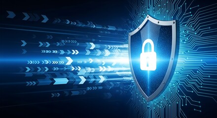 Digital Shield with Glowing Padlock and Blue Circuit Board Background security