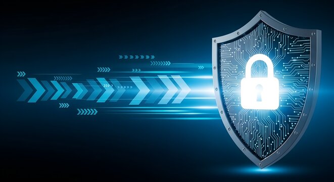 Digital shield with glowing padlock and blue light streaks security protection
