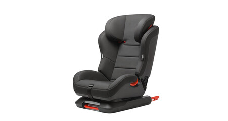 Child safety car seat in modern design with black and red accents  isolated on a transparent background