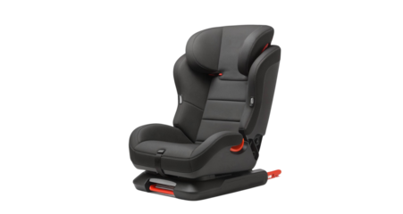 Child safety car seat in modern design with black and red accents  isolated on a transparent background