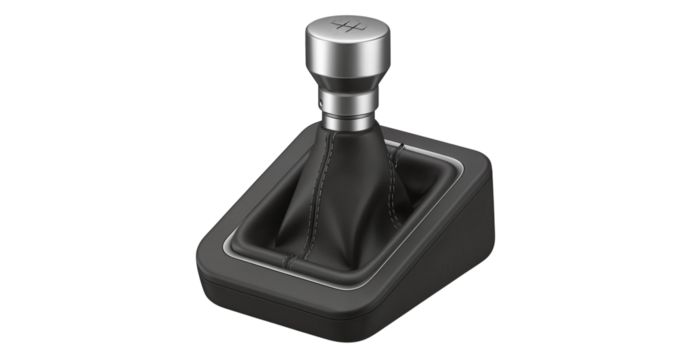 Car gear shift knob in modern design with black leather base isolated on a transparent background