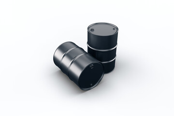 Black oil barrels on a white background.	