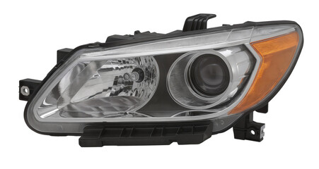 Automotive headlight assembly with clear lens and yellow indicator  isolated on a transparent background