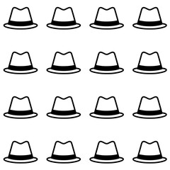 Modern and minimalist seamless pattern of elegant black and white fedora hat, perfect for backgrounds, textiles, packaging or design projects.