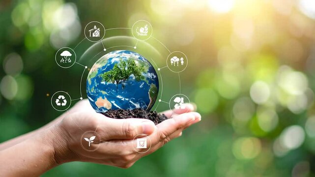 Hands Holding Earth Globe with Ecology Icons for Green Sustainable Future